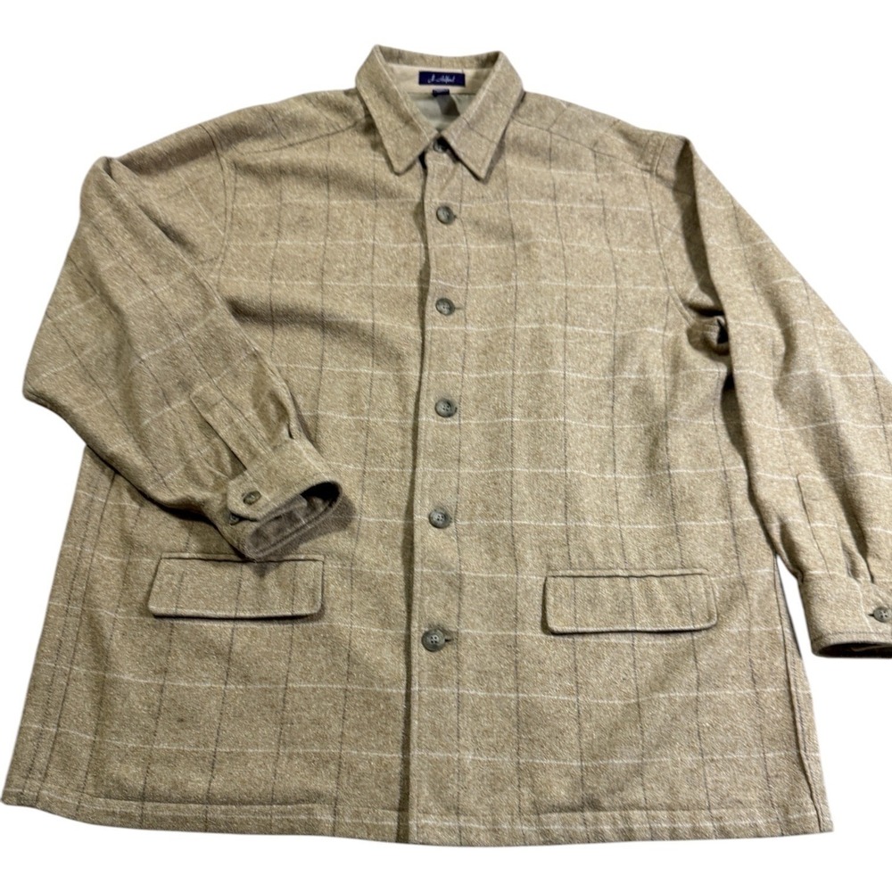 J. Ashford Wool Blend Jacket XL‎ Windowpane Plaid Tan Button Front Lined Coat